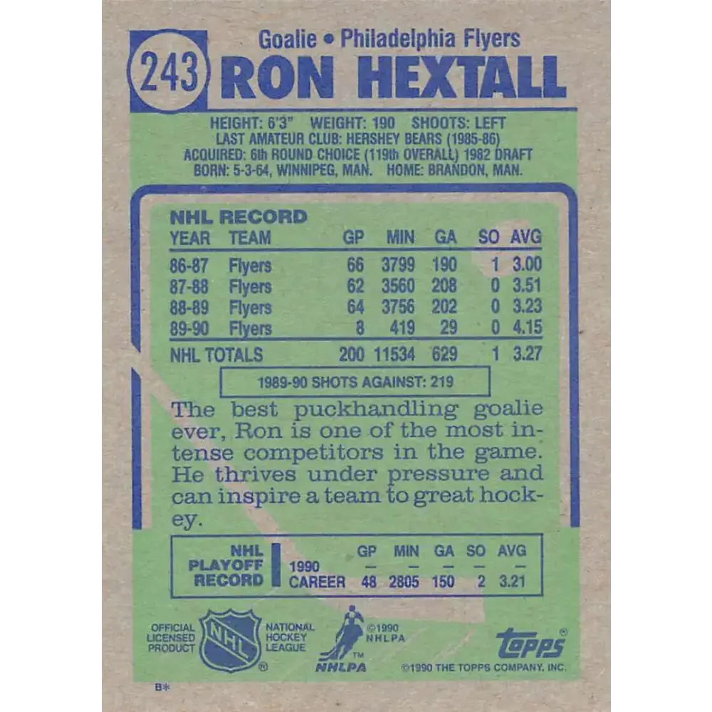 1990-91 Topps #243 Ron Hextall NM-MT Philadelphia Flyers Hockey Card - Hockey Card Single