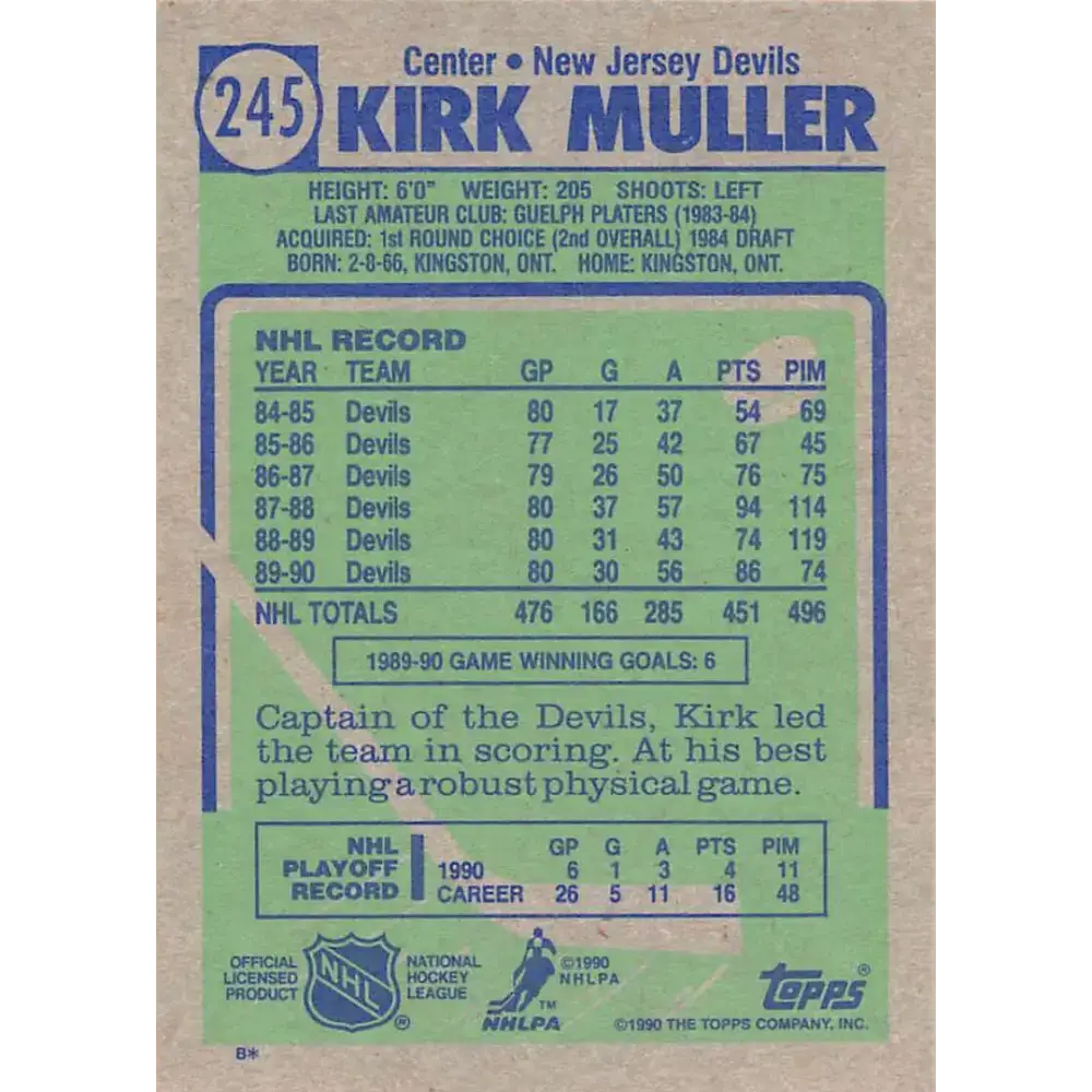 1990-91 Topps #245 Kirk Muller NM-MT New Jersey Devils Hockey Card - Hockey Card Single