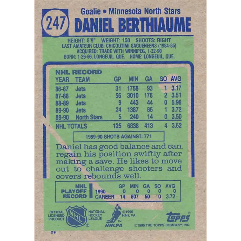 1990-91 Topps #247 Daniel Berthiaume NM-MT Hockey Card - Hockey Card Single