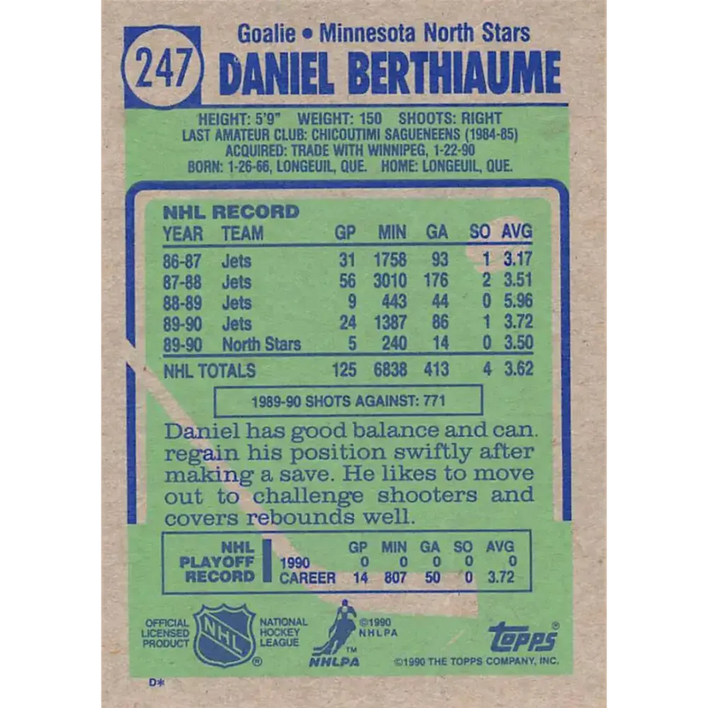 1990-91 Topps #247 Daniel Berthiaume NM-MT Hockey Card - Hockey Card Single
