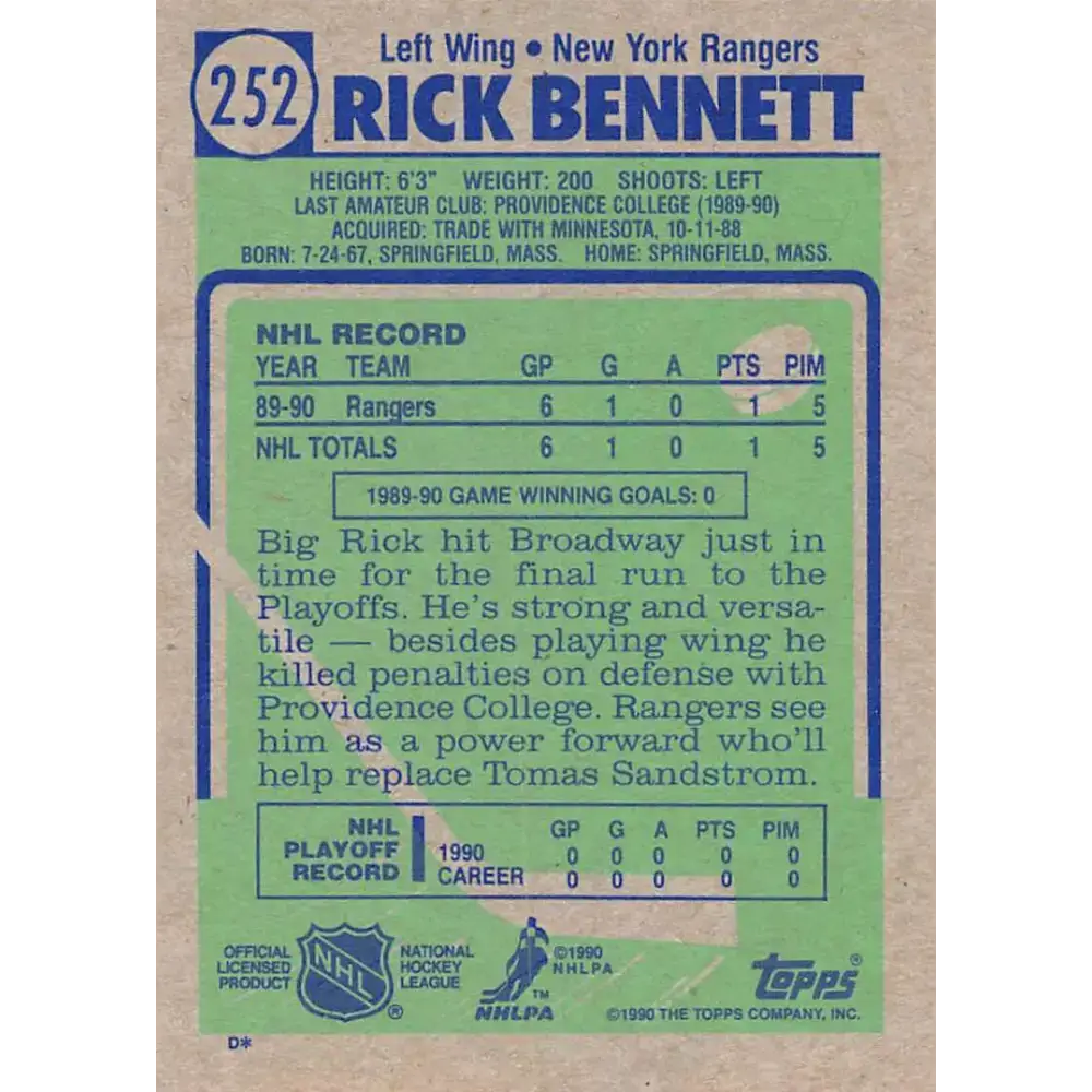 1990-91 Topps #252 Rick Bennett NM-MT New York Rangers Hockey Card - Hockey Card Single