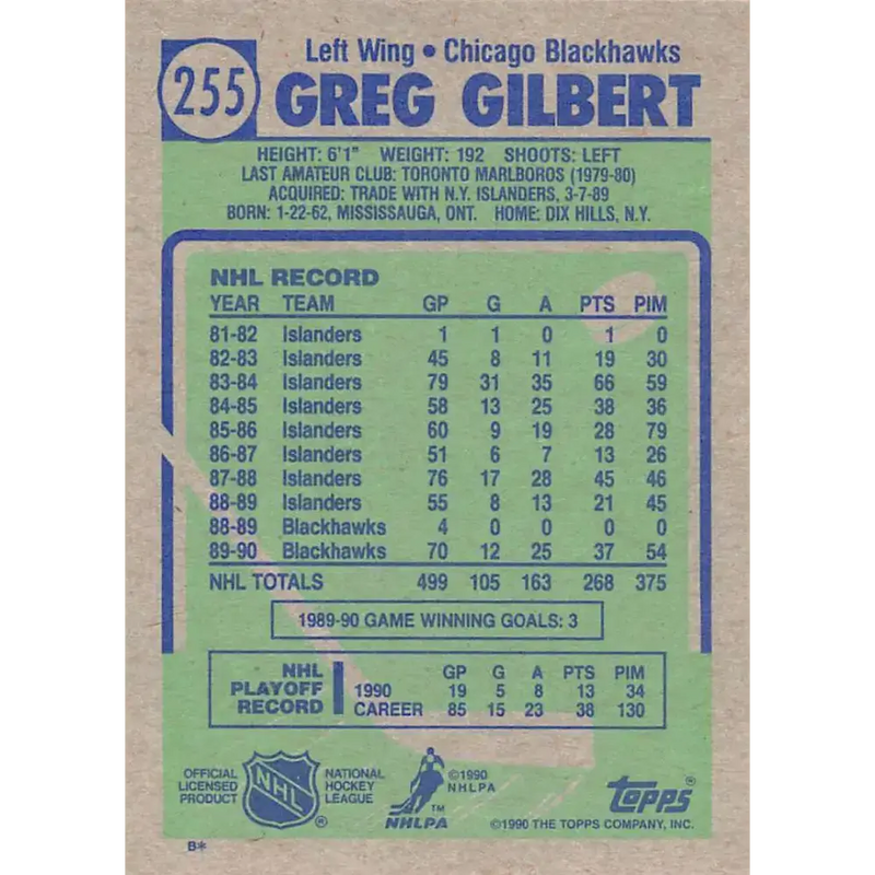 1990-91 Topps #255 Greg Gilbert NM-MT Chicago Blackhawks Hockey Card - Hockey Card Single
