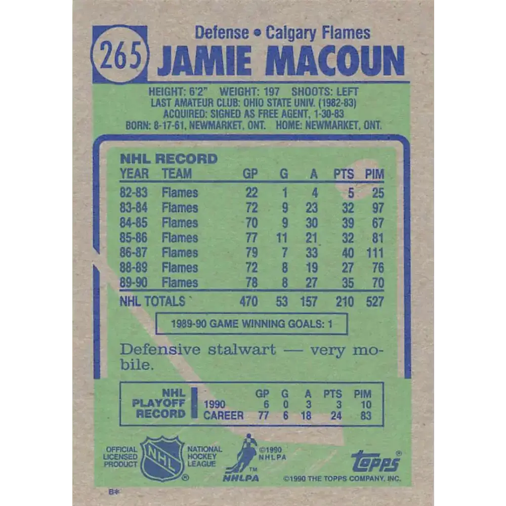 1990-91 Topps #265 Jamie Macoun NM-MT Calgary Flames Hockey Card - Hockey Card Single