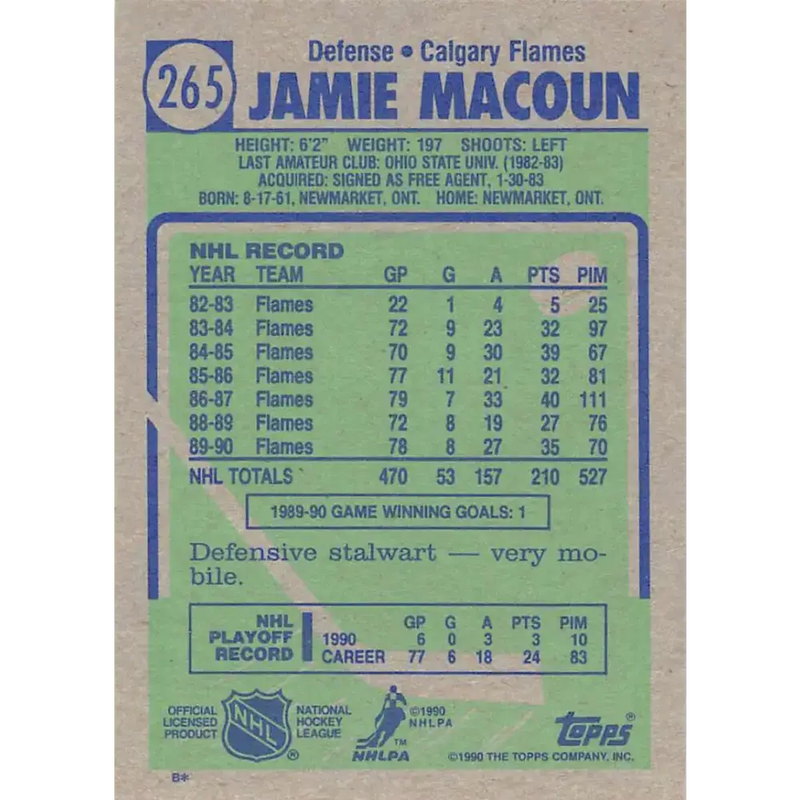 1990-91 Topps #265 Jamie Macoun NM-MT Calgary Flames Hockey Card - Hockey Card Single