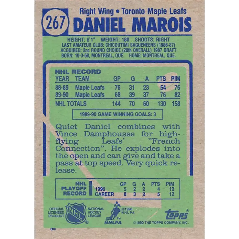 1990-91 Topps #267 Daniel Marois NM-MT Toronto Maple Leafs Hockey Card - Hockey Card Single