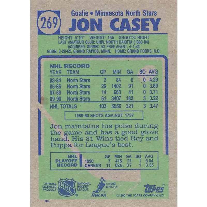1990-91 Topps #269 Jon Casey NM-MT Hockey Card - Hockey Card Single