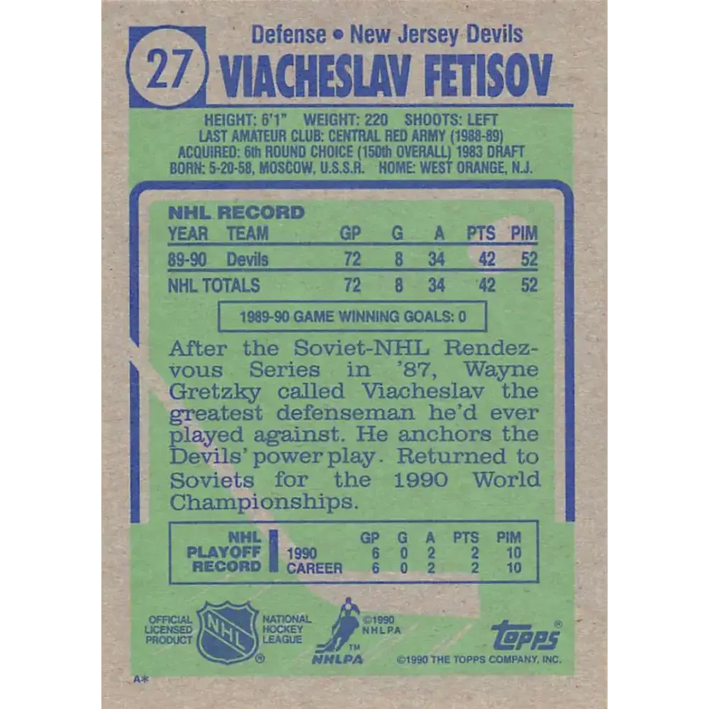 1990-91 Topps #27 Slava Fetisov NM-MT RC Rookie New Jersey Devils Hockey Card - Hockey Card Single