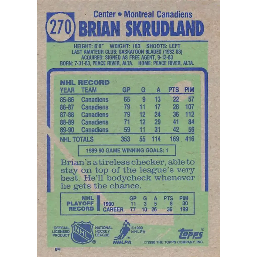 1990-91 Topps #270 Brian Skrudland NM-MT Montreal Canadiens Hockey Card - Hockey Card Single