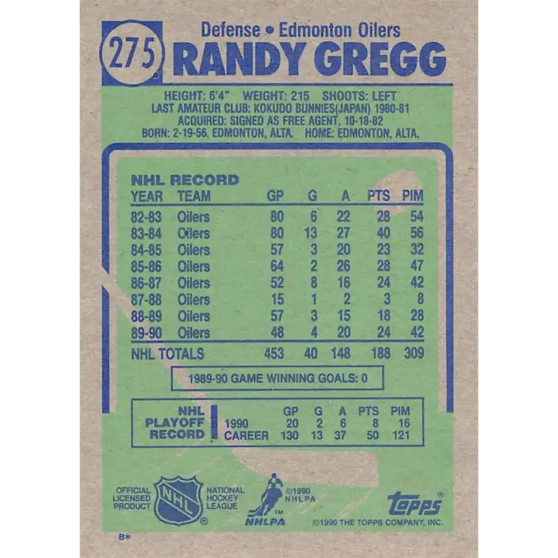 1990-91 Topps #275 Randy Gregg NM-MT Edmonton Oilers Hockey Card - Hockey Card Single