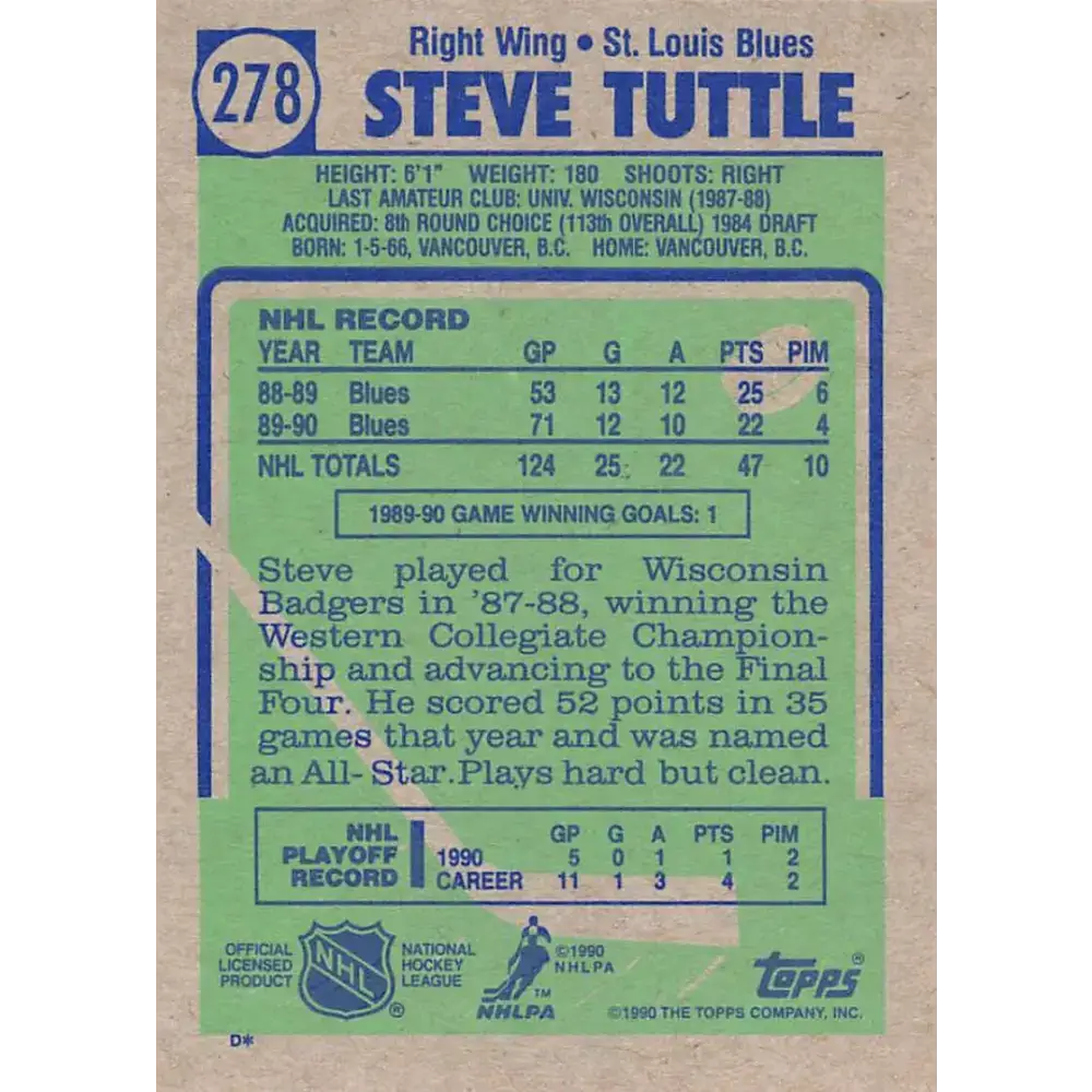 1990-91 Topps #278 Steve Tuttle NM-MT St. Louis Blues Hockey Card - Hockey Card Single