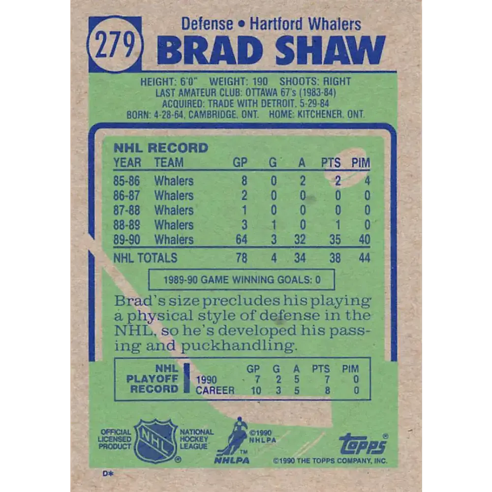 1990-91 Topps #279 Brad Shaw NM-MT Hartford Whalers Hockey Card - Hockey Card Single