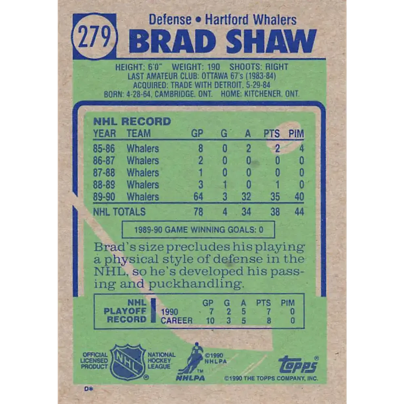 1990-91 Topps #279 Brad Shaw NM-MT Hartford Whalers Hockey Card - Hockey Card Single