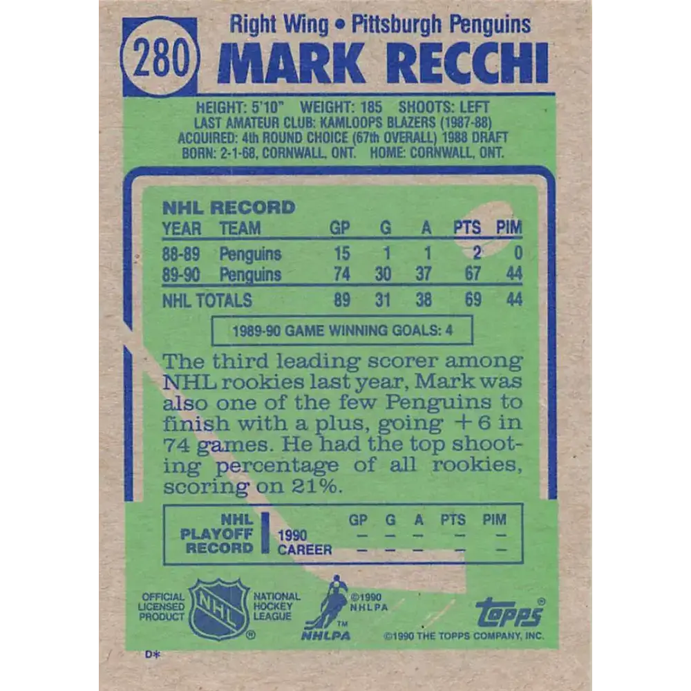 1990-91 Topps #280 Mark Recchi NM-MT RC Rookie Pittsburgh Penguins Hockey Card - Hockey Card Single