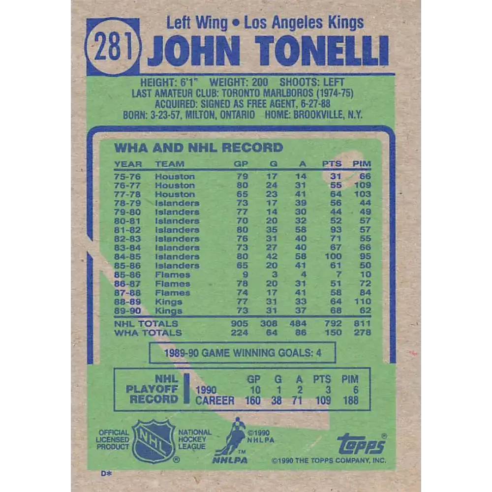 1990-91 Topps #281 John Tonelli NM-MT Los Angeles Kings Hockey Card - Hockey Card Single
