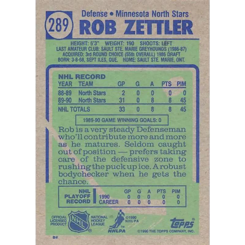 1990-91 Topps #289 Rob Zettler NM-MT RC Rookie Minnesota North Stars Hockey Card - Hockey Card Single