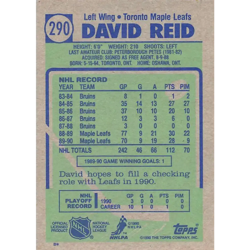 1990-91 Topps #290 David Reid NM-MT Toronto Maple Leafs Hockey Card - Hockey Card Single