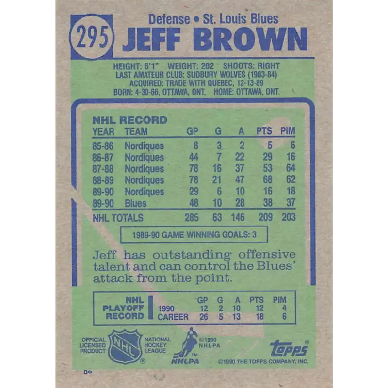 1990-91 Topps #295 Jeff Brown NM-MT St. Louis Blues Hockey Card - Hockey Card Single