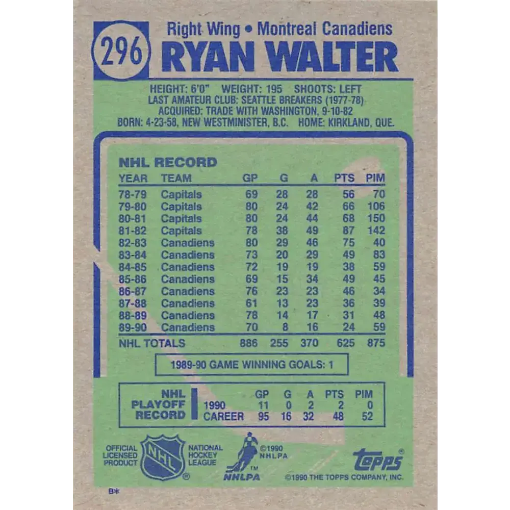 1990-91 Topps #296 Ryan Walter NM-MT Montreal Canadiens Hockey Card - Hockey Card Single