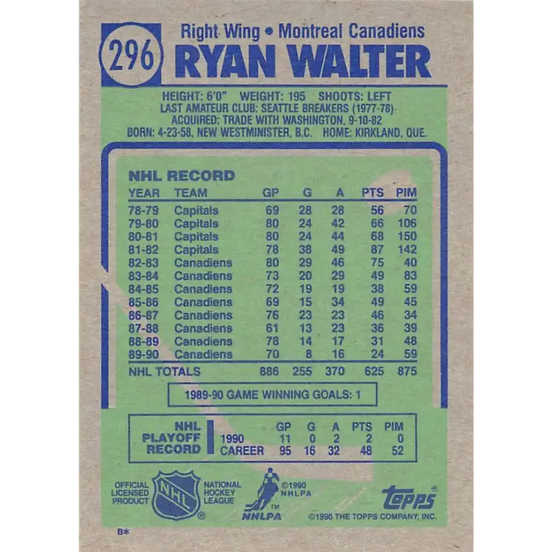 1990-91 Topps #296 Ryan Walter NM-MT Montreal Canadiens Hockey Card - Hockey Card Single