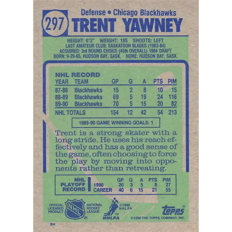 1990-91 Topps #297 Trent Yawney NM-MT Chicago Blackhawks Hockey Card - Hockey Card Single