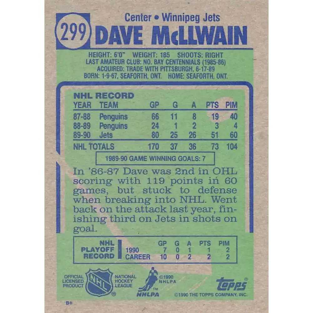 1990-91 Topps #299 Dave McLlwain NM-MT Winnipeg Jets Hockey Card - Hockey Card Single