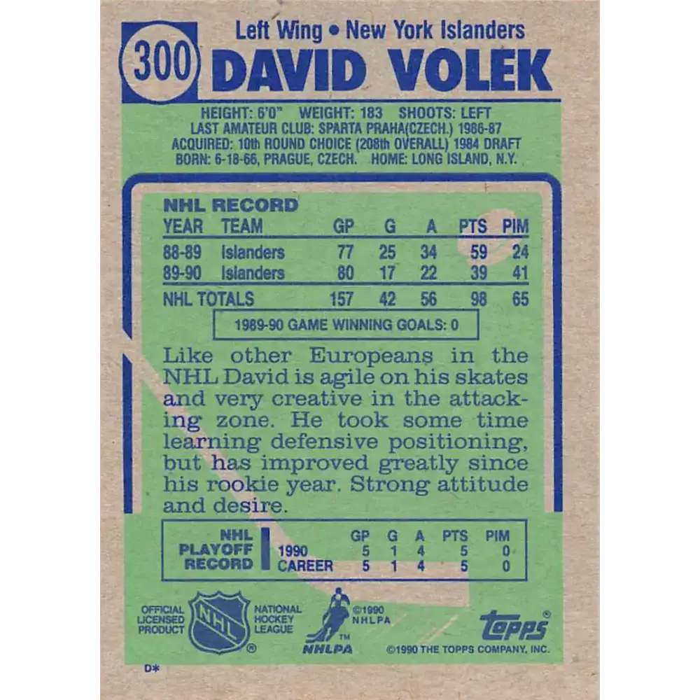 1990-91 Topps #300 David Volek NM-MT New York Islanders Hockey Card - Hockey Card Single