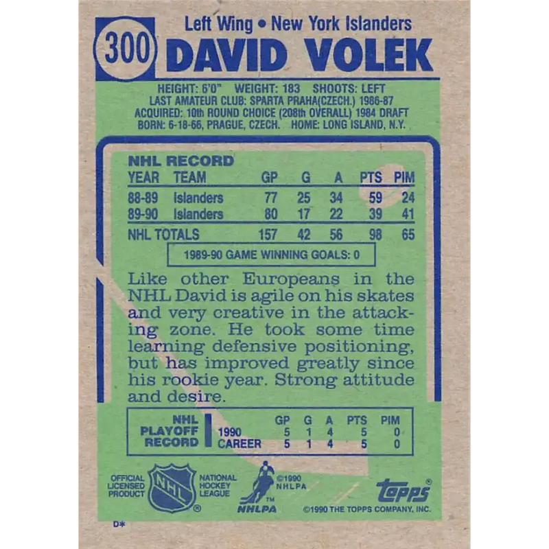1990-91 Topps #300 David Volek NM-MT New York Islanders Hockey Card - Hockey Card Single