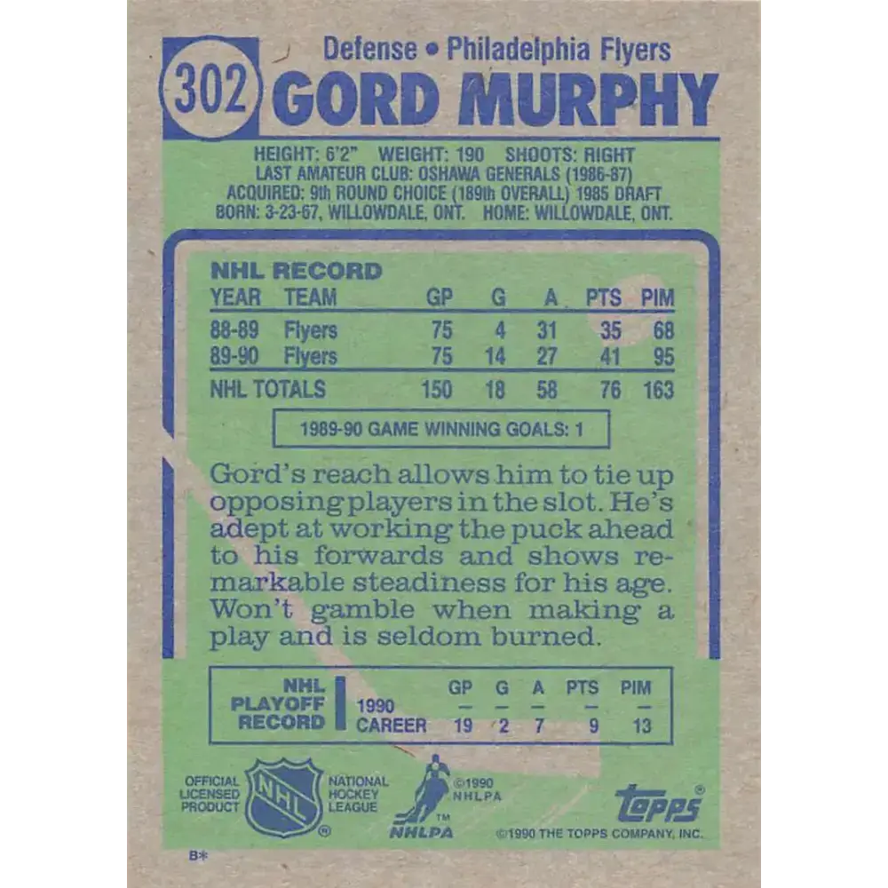 1990-91 Topps #302 Gord Murphy NM-MT RC Rookie Philadelphia Flyers Hockey Card - Hockey Card Single