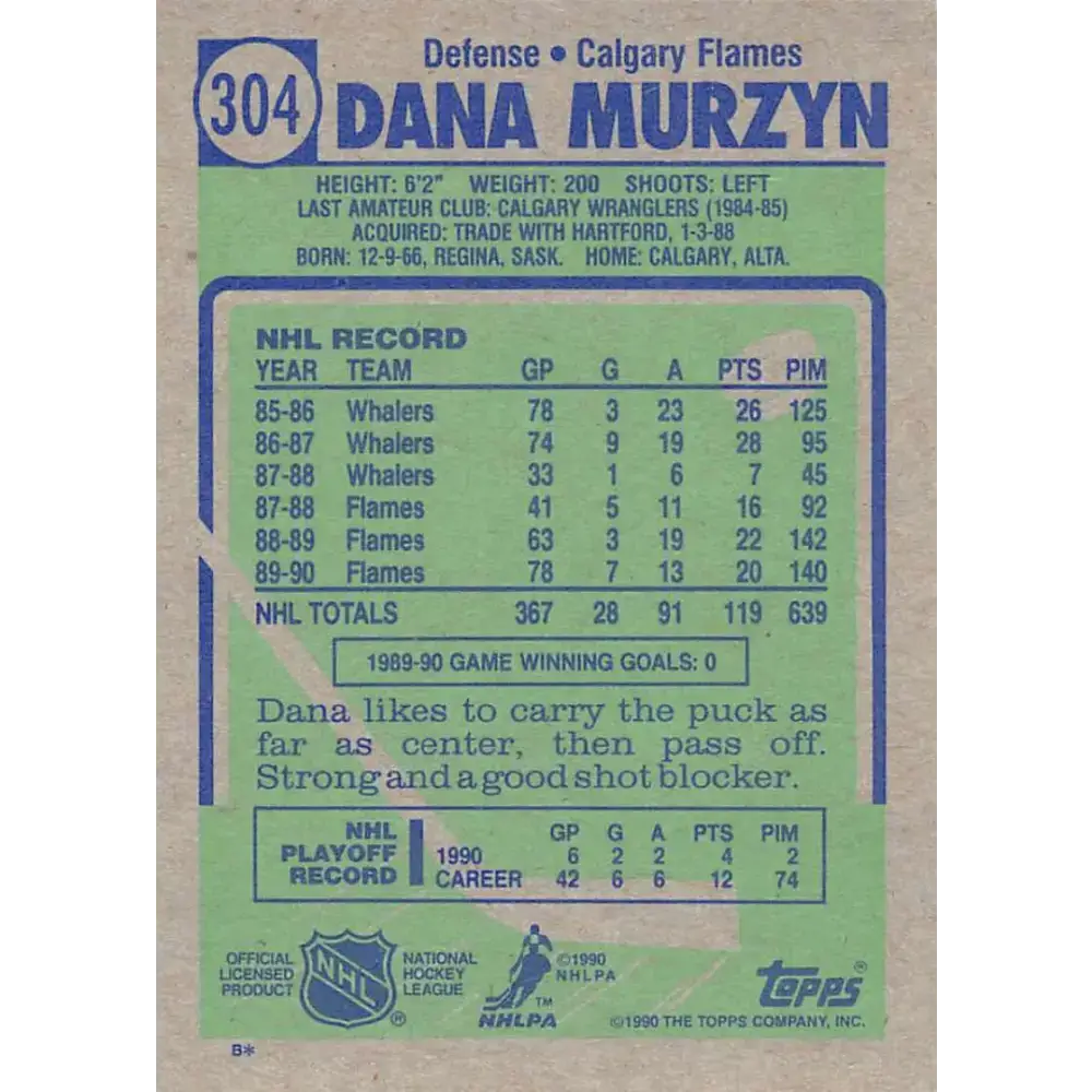 1990-91 Topps #304 Dana Murzyn NM-MT Calgary Flames Hockey Card