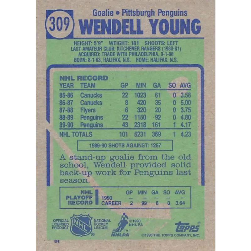 1990-91 Topps #309 Wendell Young NM-MT Pittsburgh Penguins Hockey Card - Hockey Card Single