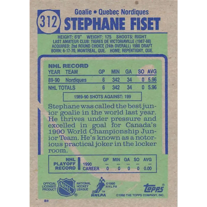 1990-91 Topps #312 Stephane Fiset NM-MT RC Rookie Quebec Nordiques Hockey Card - Hockey Card Single