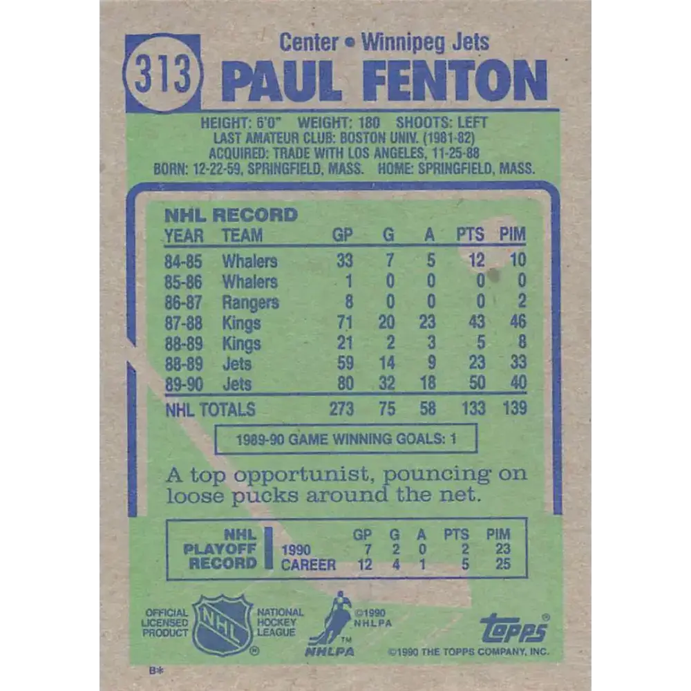 1990-91 Topps #313 Paul Fenton NM-MT Hockey Card - Hockey Card Single