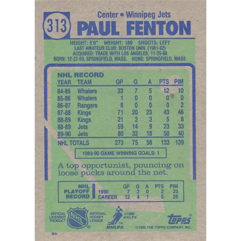 1990-91 Topps #313 Paul Fenton NM-MT Hockey Card - Hockey Card Single