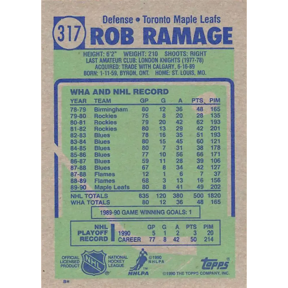 1990-91 Topps #317 Rob Ramage NM-MT Toronto Maple Leafs Hockey Card