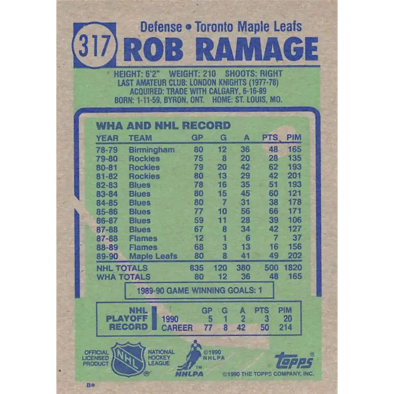 1990-91 Topps #317 Rob Ramage NM-MT Toronto Maple Leafs Hockey Card