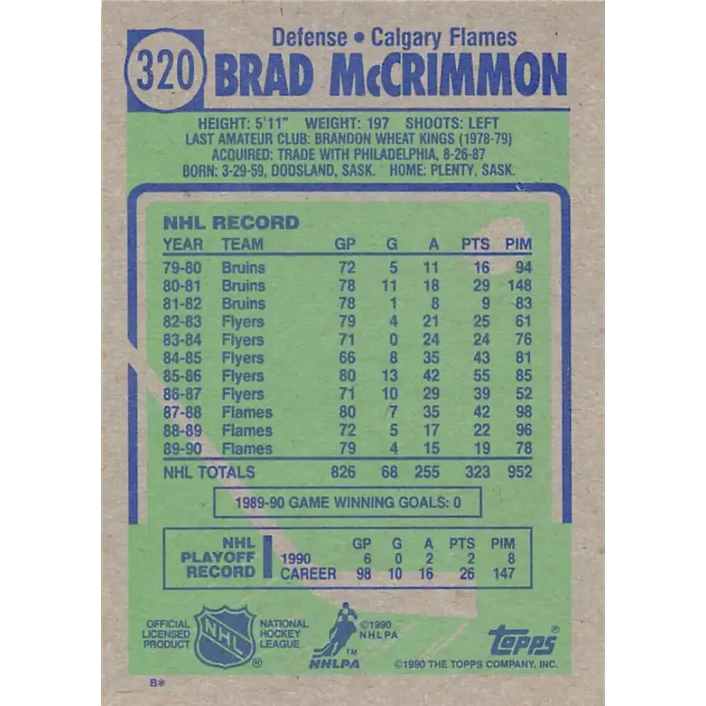 1990-91 Topps #320 Brad McCrimmon NM-MT Hockey Card - Hockey Card Single