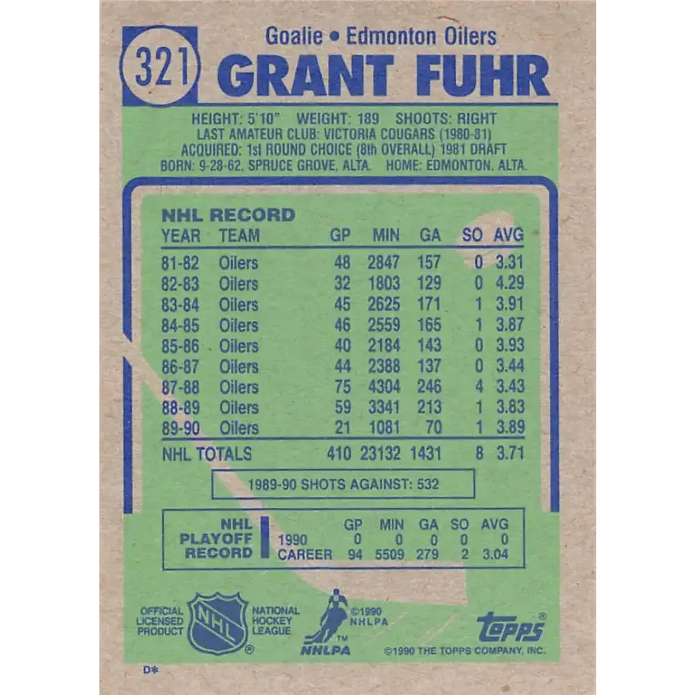 1990-91 Topps #321 Grant Fuhr NM-MT Edmonton Oilers Hockey Card