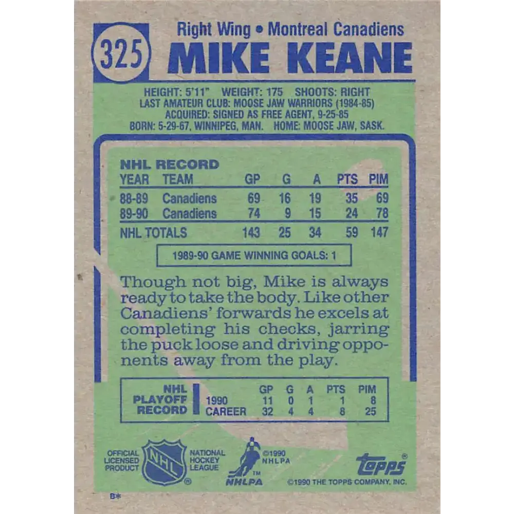 1990-91 Topps #325 Mike Keane NM-MT RC Rookie Montreal Canadiens Hockey Card