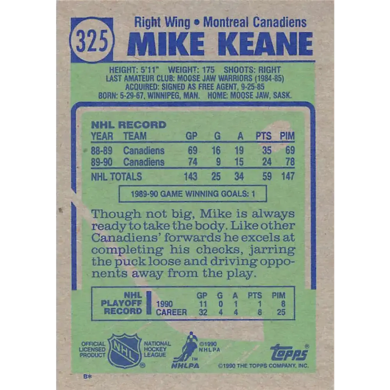 1990-91 Topps #325 Mike Keane NM-MT RC Rookie Montreal Canadiens Hockey Card