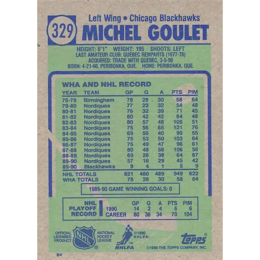 1990-91 Topps #329 Michel Goulet NM-MT Chicago Blackhawks Hockey Card - Hockey Card Single