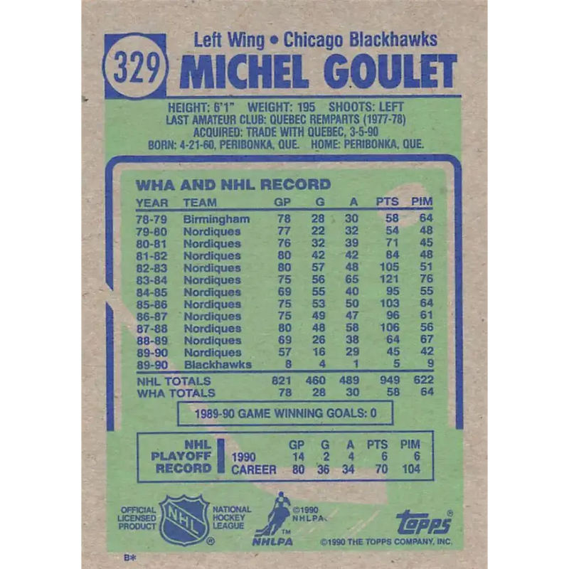 1990-91 Topps #329 Michel Goulet NM-MT Chicago Blackhawks Hockey Card - Hockey Card Single