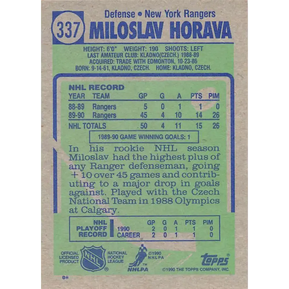 1990-91 Topps #337 Miloslav Horava NM-MT New York Rangers Hockey Card - Hockey Card Single