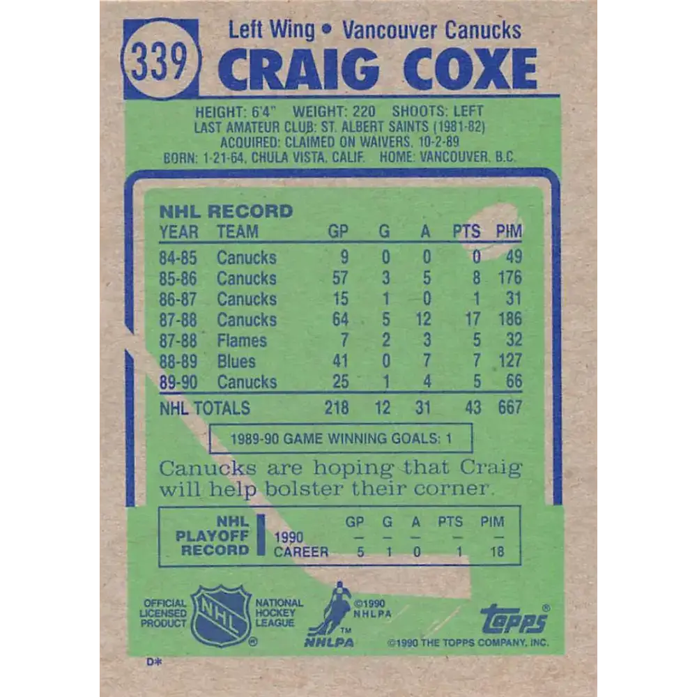 1990-91 Topps #339 Craig Coxe NM-MT Vancouver Canucks Hockey Card - Hockey Card Single