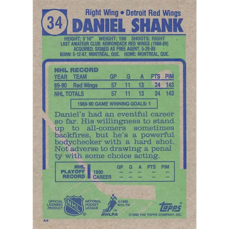 1990-91 Topps #34 Daniel Shank NM-MT Detroit Red Wings Hockey Card - Hockey Card Single