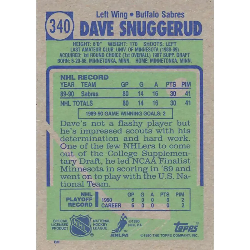 1990-91 Topps #340 Dave Snuggerud NM-MT Hockey Card - Hockey Card Single