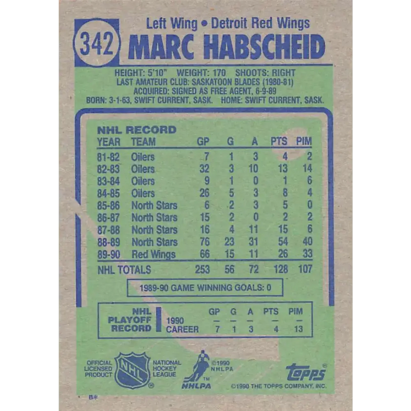 1990-91 Topps #342 Marc Habscheid NM-MT Detroit Red Wings Hockey Card - Hockey Card Single