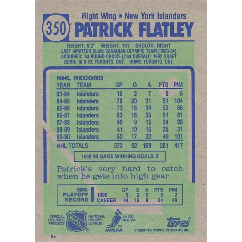 1990-91 Topps #350 Pat Flatley NM-MT New York Islanders Hockey Card - Hockey Card Single