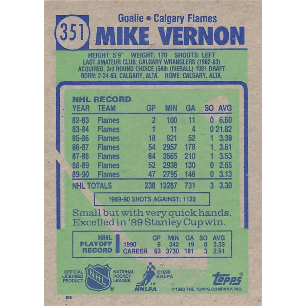 1990-91 Topps #351 Mike Vernon NM-MT Calgary Flames Hockey Card