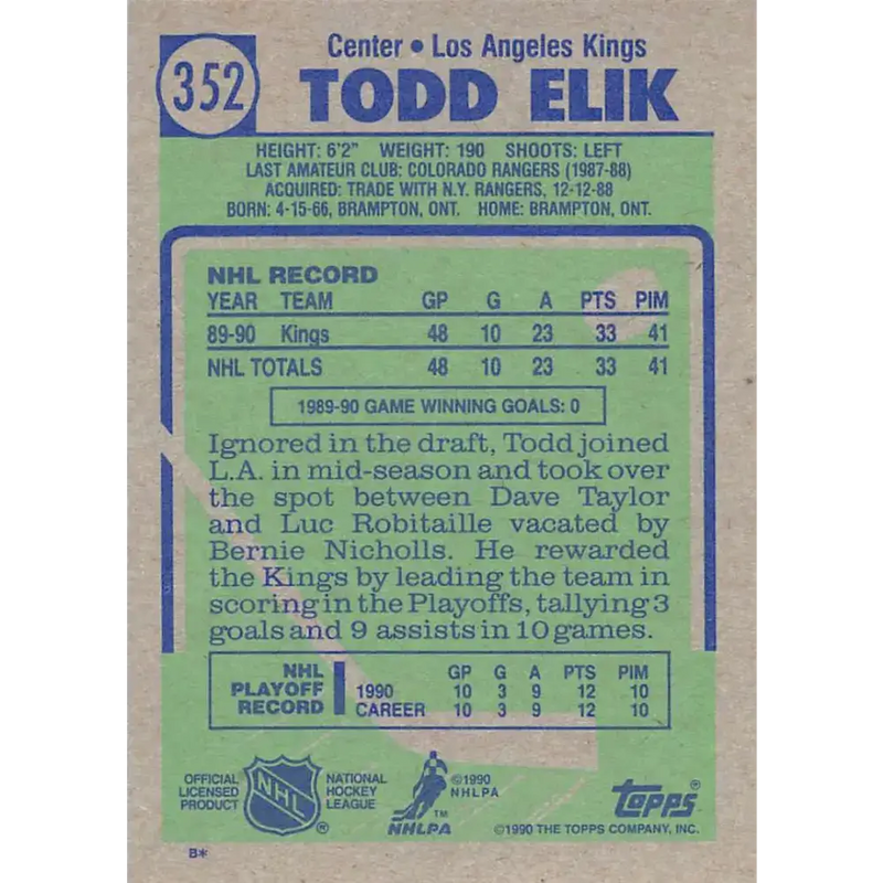 1990-91 Topps #352 Todd Elik NM-MT RC Rookie Los Angeles Kings Hockey Card - Hockey Card Single