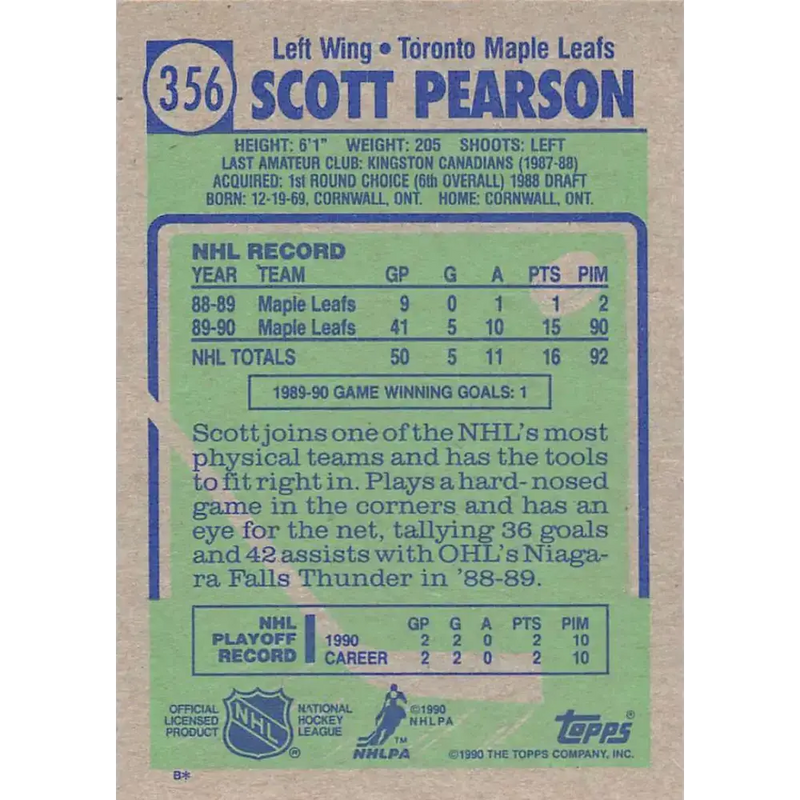 1990-91 Topps #356 Scott Pearson NM-MT Toronto Maple Leafs Hockey Card - Hockey Card Single